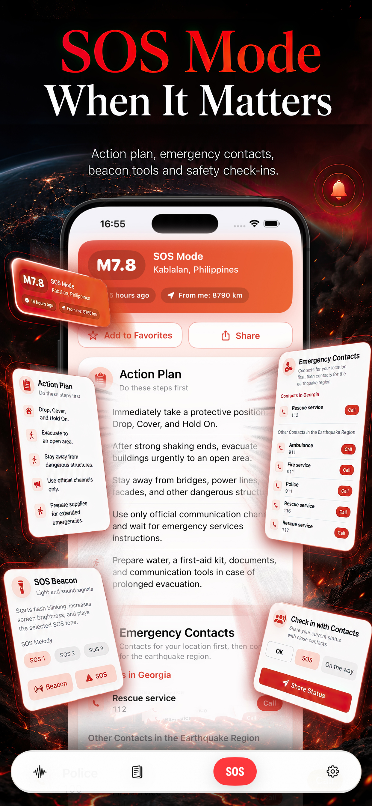 Earthquake HQ emergency action plan and SOS tools